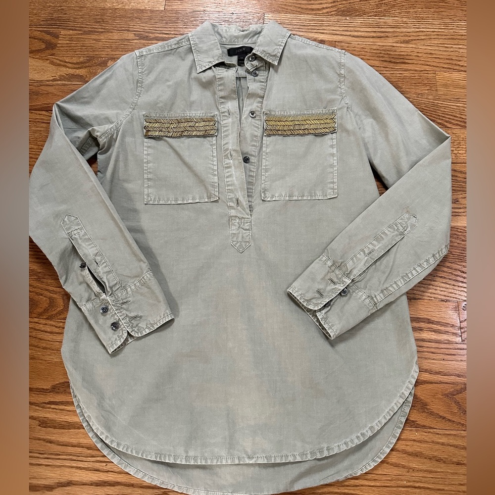 JCrew Gold Beaded Embellished Popover Shirt in Khaki Green